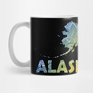 Colorful mandala art map Alaska with text in blue and yellow Mug